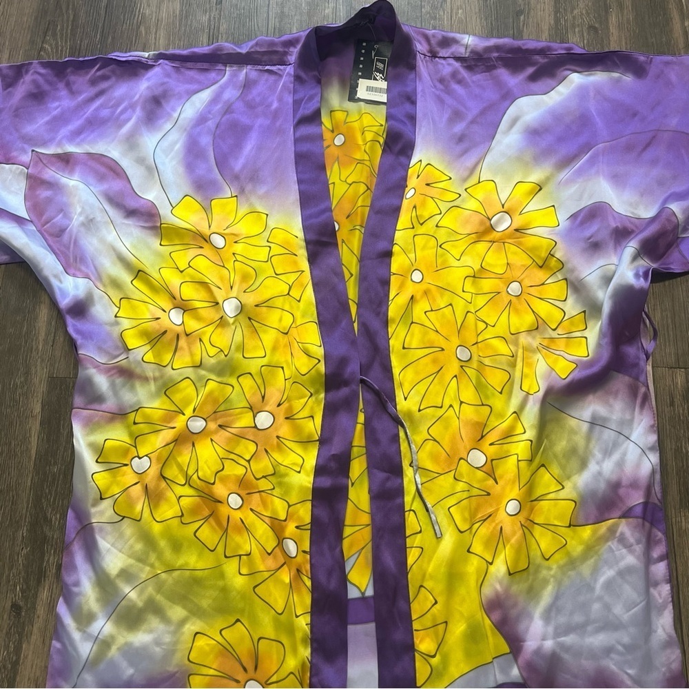 NWT Intimates Sleepwear Purple Yellow Floral Short Sleeve Satin Robe Jacket L - Picture 5 of 8